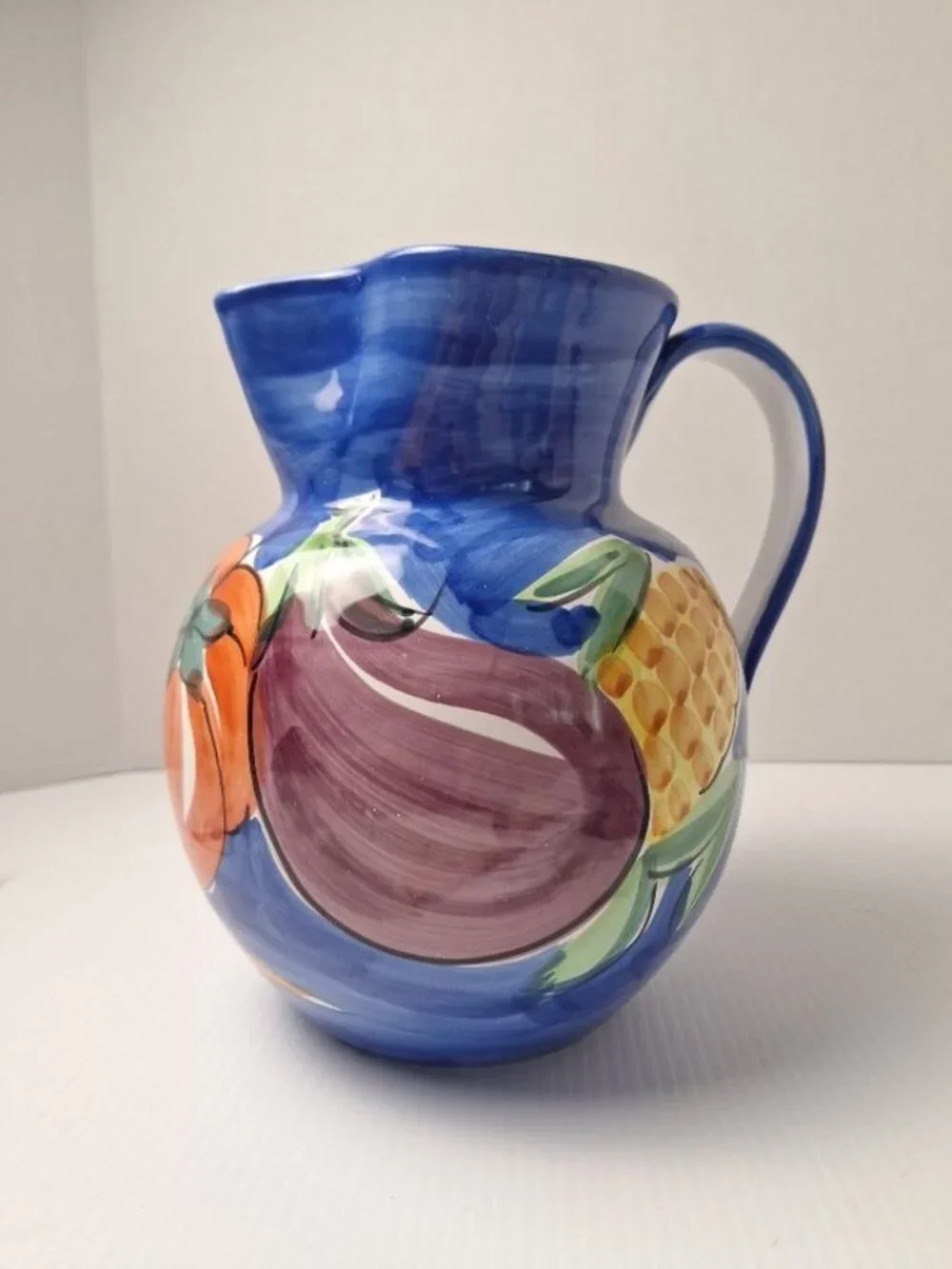 PIER 1 HANDPAINTED ITALIAN CERAMIC PITCHER/JUG VIBRANT COLORS VEGETABLE PATTERN